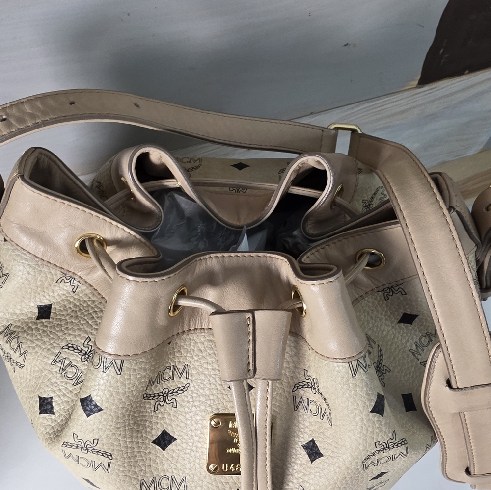 MCM Tan Monogram Drawstring Bucket Bag - image 10
